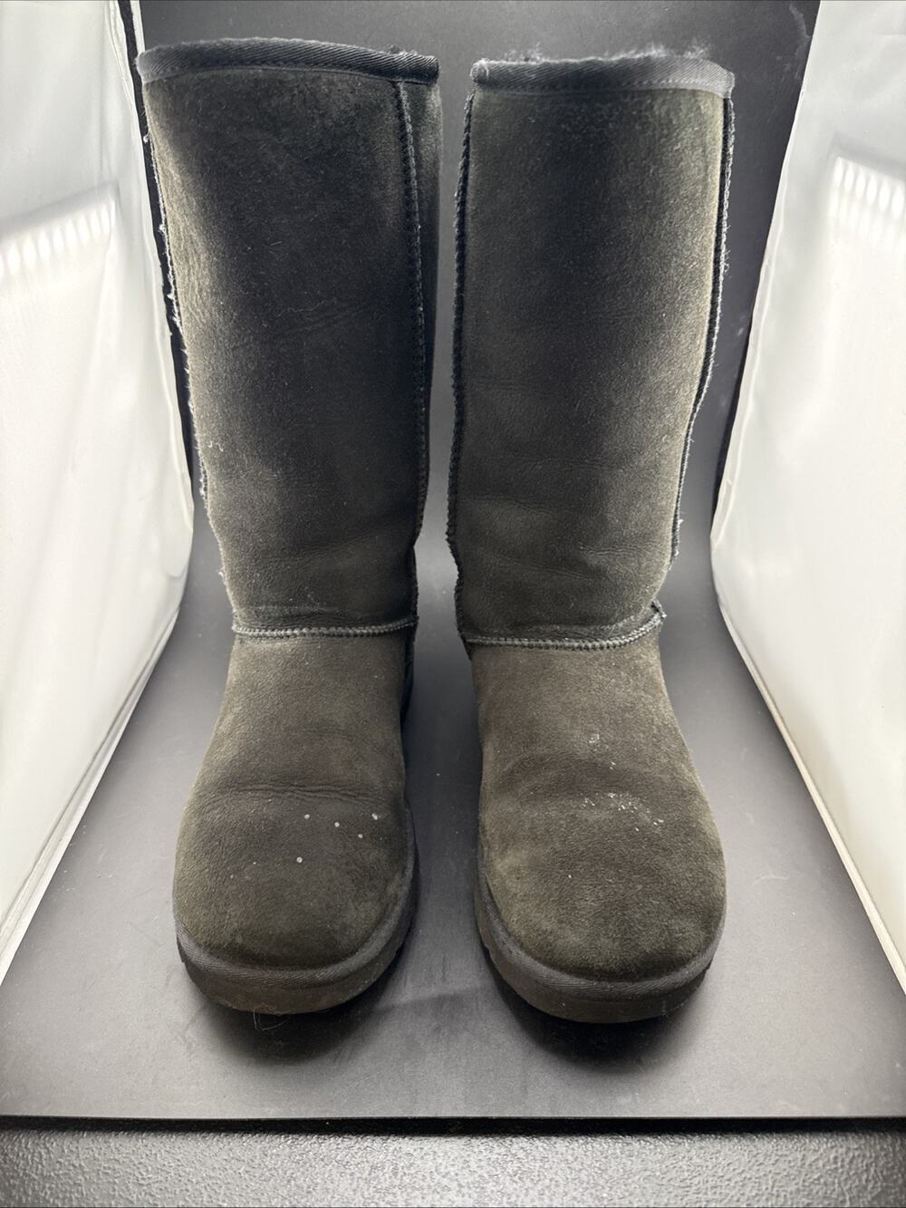 UGG Black Sheepskin Suede Boots Women's Sz 7 Black Mid Calf Wool Lined